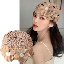 Sweet Flower Hollow Baotou Hat Summer Travel High-end Pearl Retro Knitted Hat Spring Ladies Fashion All-match Melon Skin Hats