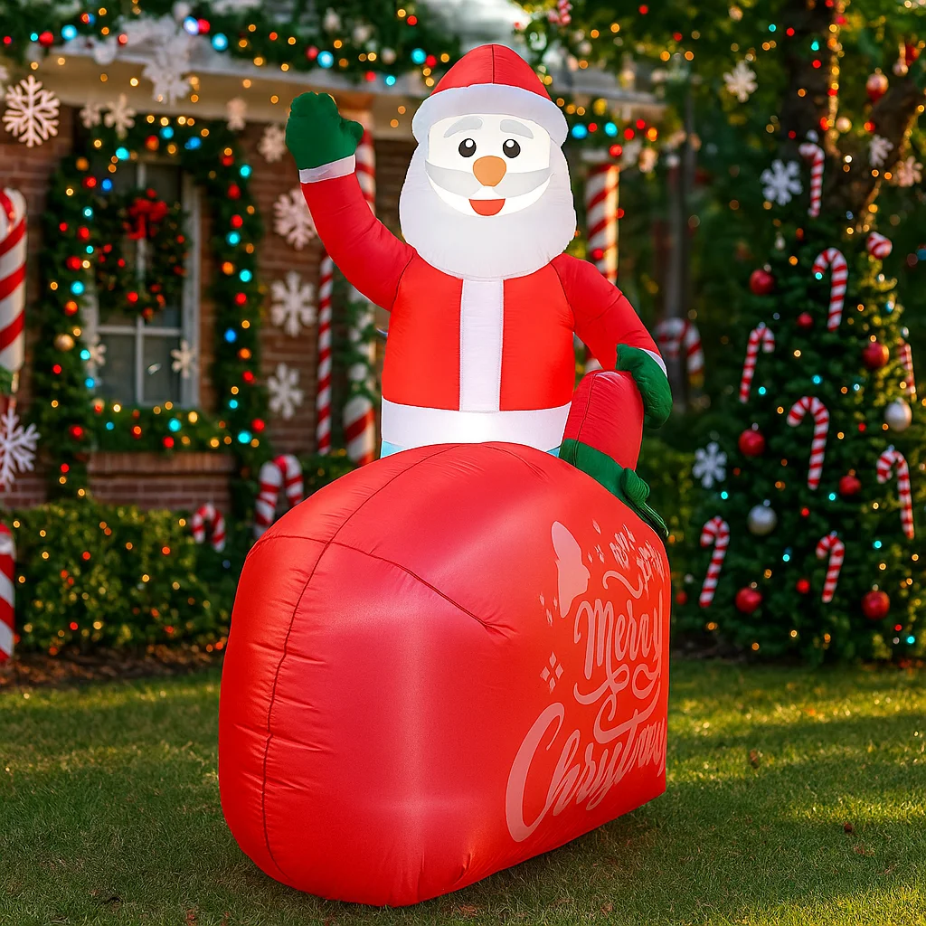 6피트 크리스마스 장식품, 선물 가방에 산타클로스가 들어있는 풍선 장식품, LED 장식이 있는 집 마당 장식품, 크리스마스 야외 장식 장난감