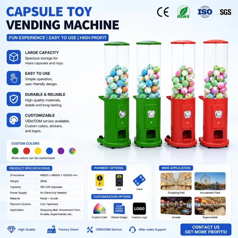 Customized stable cylindrical gachapon machine coin operated capsule toy dispenser for amusement center and bar venue