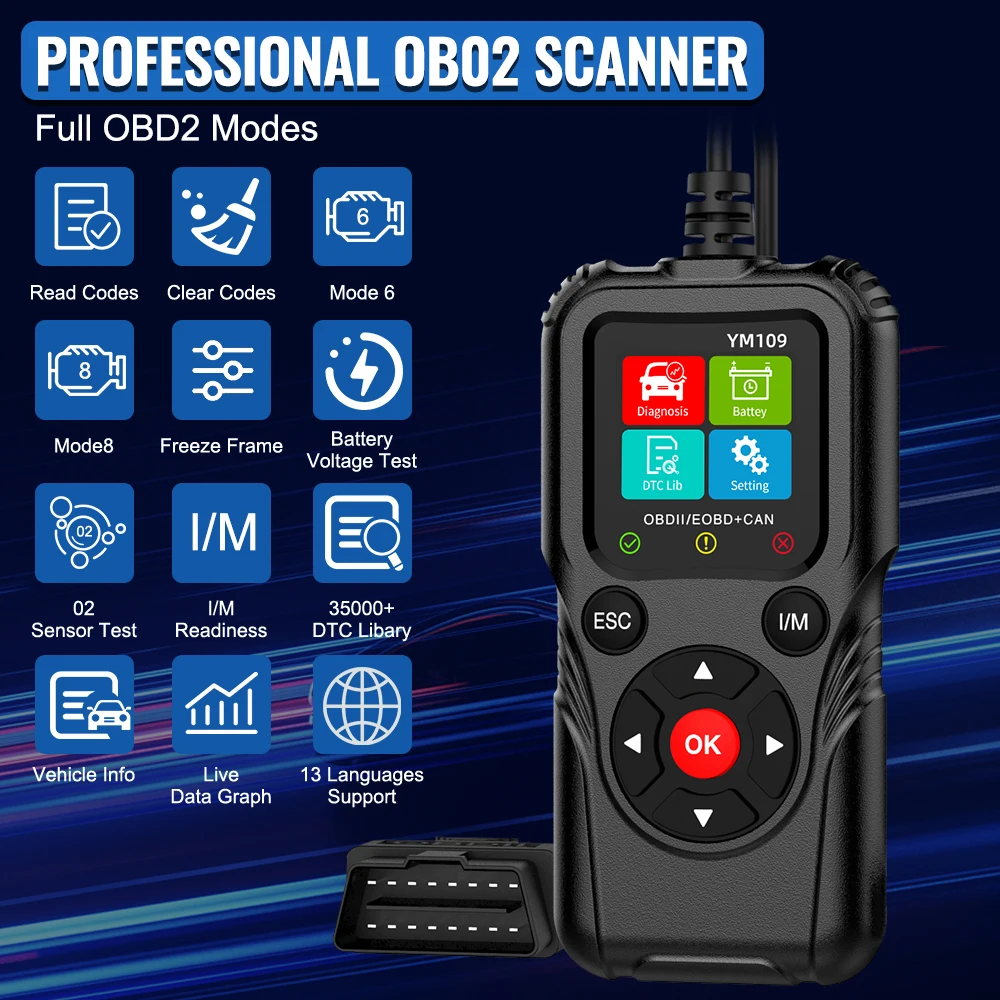 رمز الخطأ واضح ​ YM109 جهاز اختبار بطارية obd ii EOBd الماسح الضوئي أدوات تشخيص السيارات تحقق نظام المحرك سيارة obd2 رمز القارئ