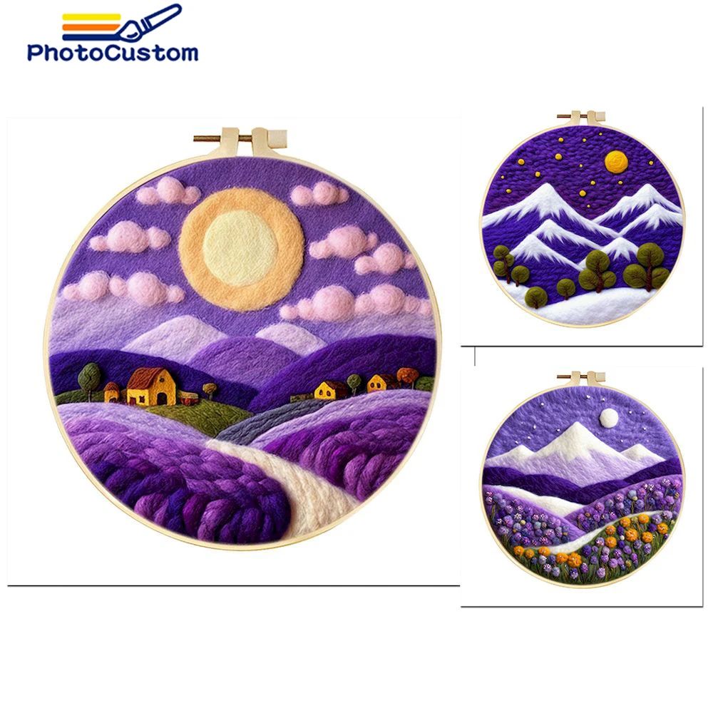 

PhotoCustom Wool Felting Painting Purple Landscape Complete Kit Needle Felting Picture Wool Felting Painting Tool Kit Decoration