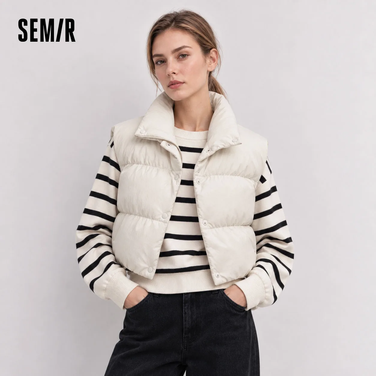 Semir Women Down Vest Cropped 90 Percent Down Fill Textured Stand Collar Loose Fit Drawstring Balloon Shape 2026 New
