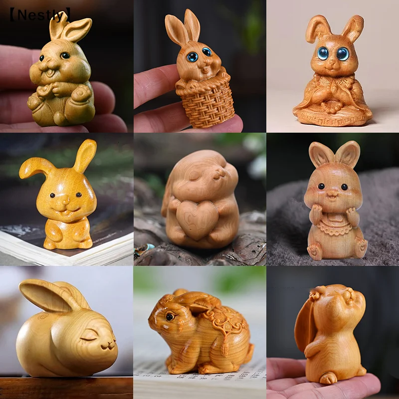 Wood Carving Easter Rabbit Ornaments Rabbit Figurine Cute Bunny Ornament Home Office Desktop Decor Car Decoration 〔Nest〕