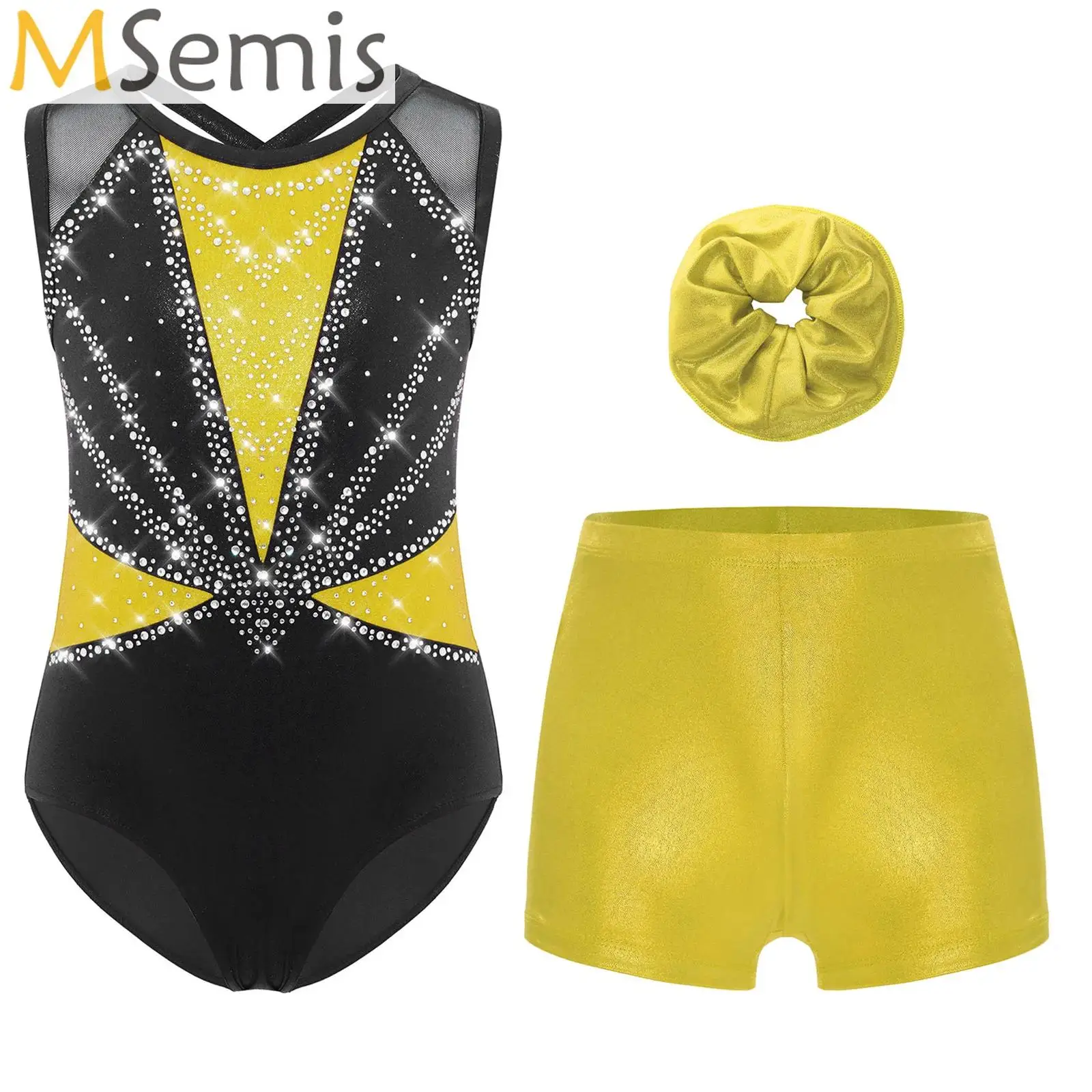 

Kid Girls Rhinestone Ballet Leotards Gymnastics Bodysuit with Shorts Bottom Set Stage Performance Printed Workout Dance Wear