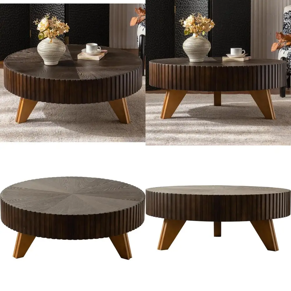 

большой круглый деревянный журнальный столик размером 35,4 дюйма — винтажный барабан в фермерском доме с рифленым основанием, конструкция из цельного дерева для гостиной