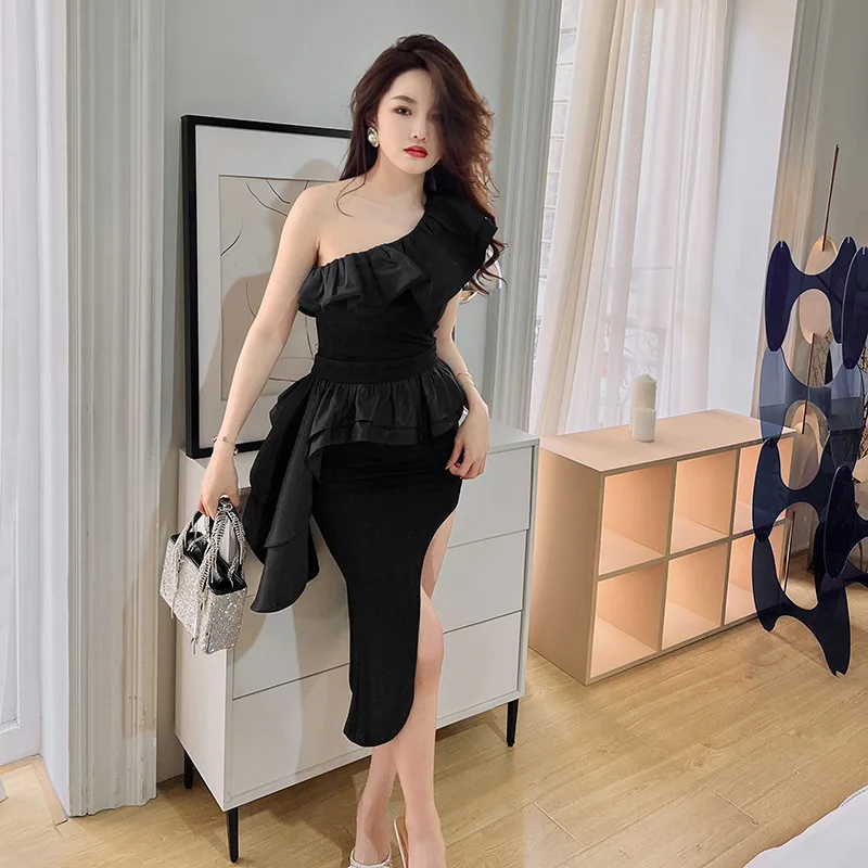 

Women's Grown Black Dress Two Pieces Set Irregular One Shoulder Ruffle Top High Split Skirt Fashion 2022 Women's Skirt Suit 2022