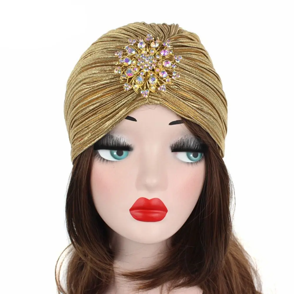 New Fashion Diamond Jewel Turban Hats Soft Velvet Women Chemo Bandana Hijab Turbante Hat Hair Accessories Hat Pleated Indian Cap