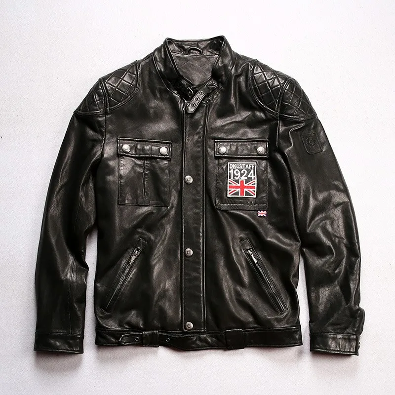 Men's leather with a stand-up collar and multiple pockets for motorcycles vegetable-tanned cotton