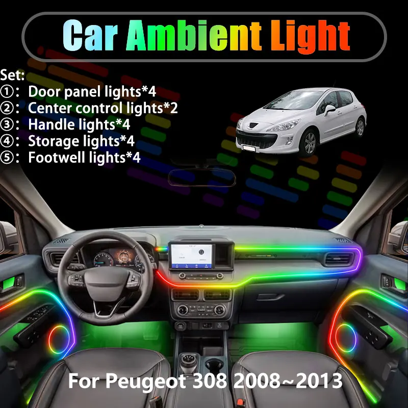 

Для Peugeot 308 2008~2013 T7 MK1 1-го поколения 2009 2/18: Комплект светодиодной подсветки салона и багажника USB RGB с эффектом потока