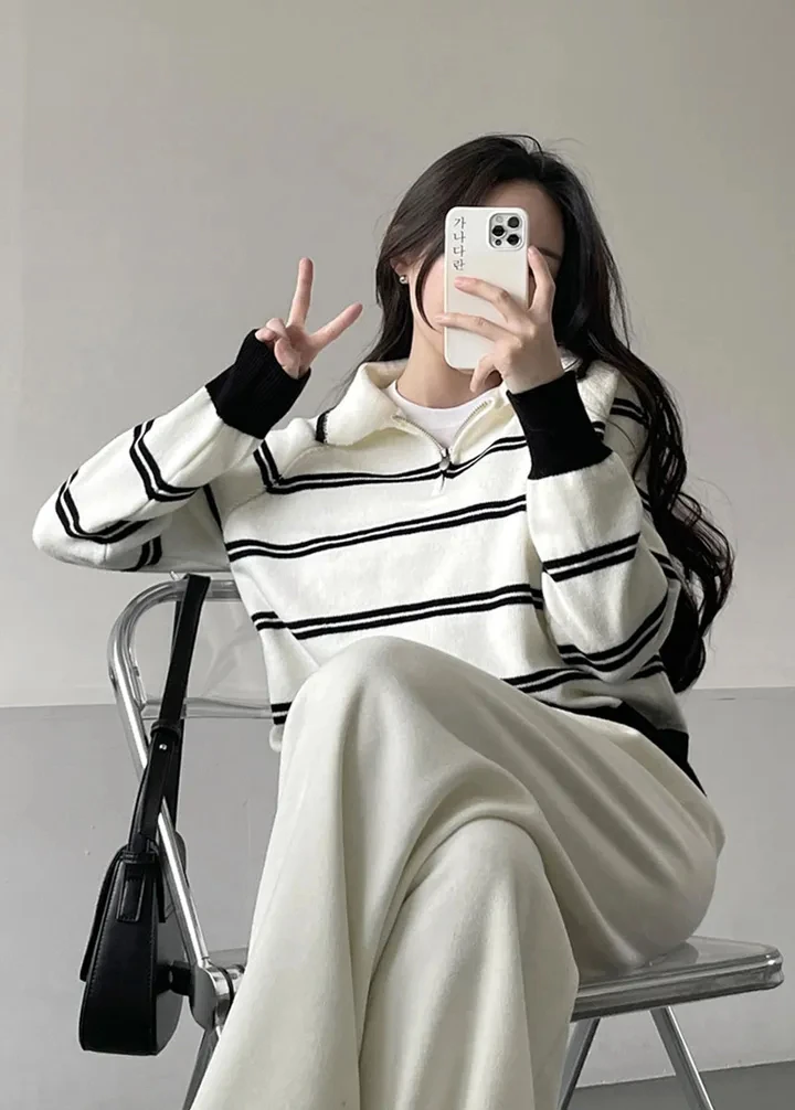 Korean Style Lazy Striped Zipper Color Block Long Sleeve Women's Soft Sweater Autumn Winter New Design Knitted Shirt