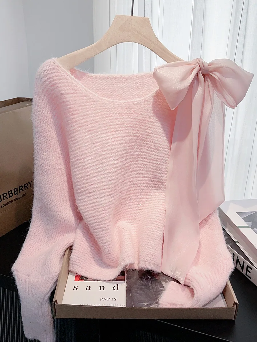 

Милый розовый свитер с бантом, длинный све, женская верхняя одежда, осень-зима, ленивый высококачественный вязаный топ, сладкий сле