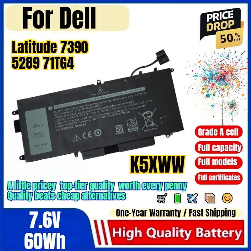 K5XWW for Dell Latitude 7390 5289 71TG4 Laptop Battery 0 Cycle High Quality Capacity Battery Replacement Bateria Grade A Cell
