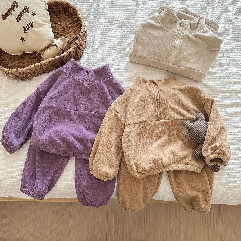 

2025Autumn Baby Double-Sided Fleece Stand Collar Sports Set Infant Spring and Autumn Fleece Set Baby Outerwear Two-Piece Set
