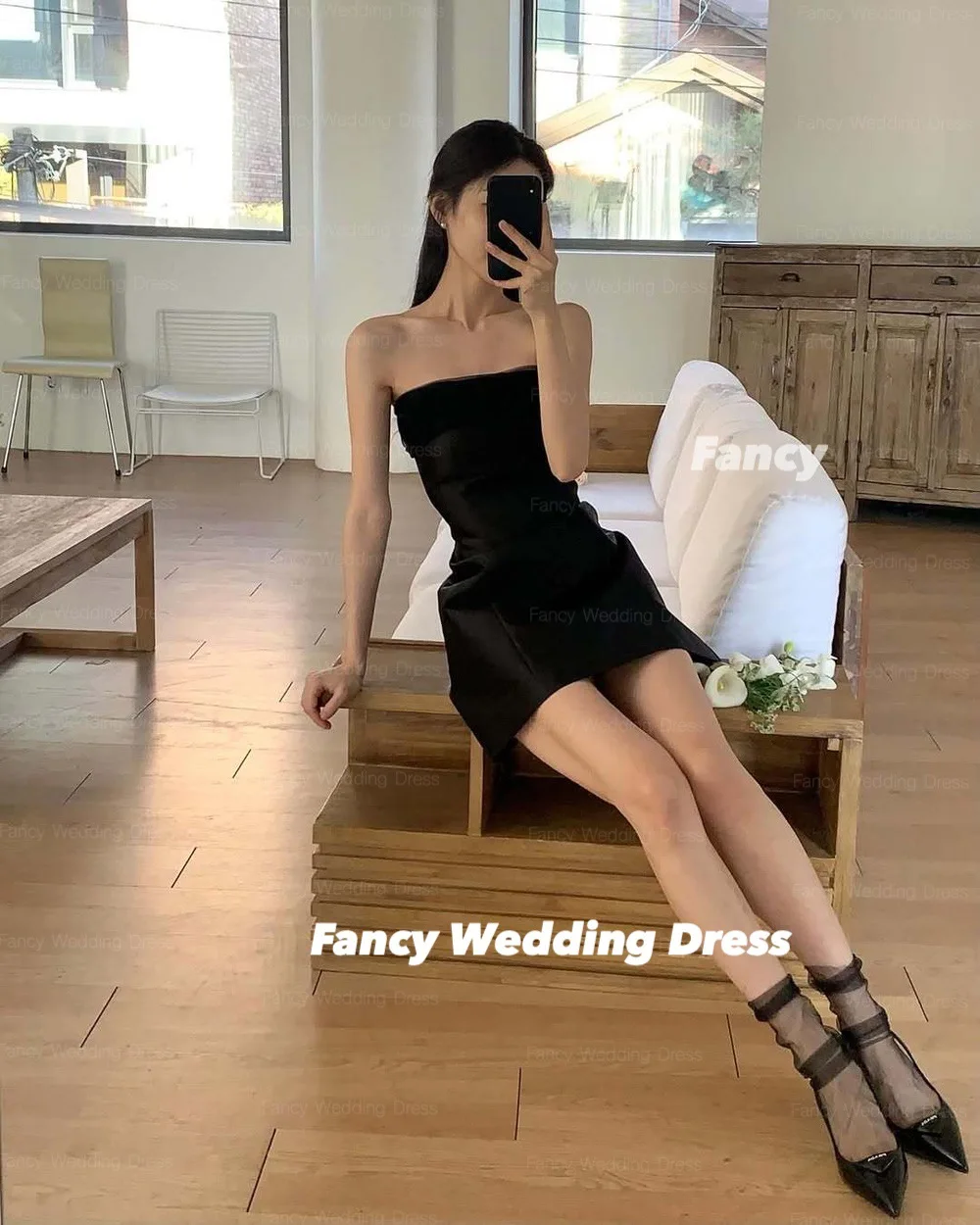 يتوهم بسيط أسود فستان الزفاف البسيط لينة الساتان أكمام فساتين السهرة الظهر البريدي مشد مخصص مع شال