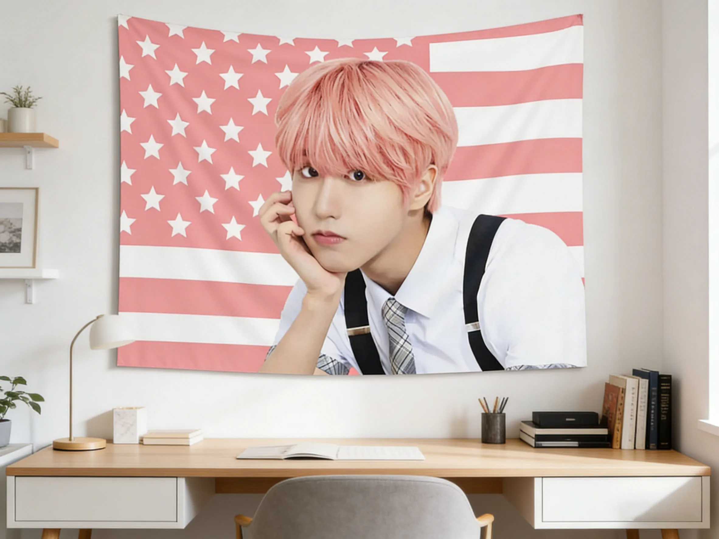 1pc SKZ Han Jisung Pink Hair Flag Banner Han Jisung Pink American Flag Tapestry K-pop Idol Wall Decor Merchandise Gift for Fans