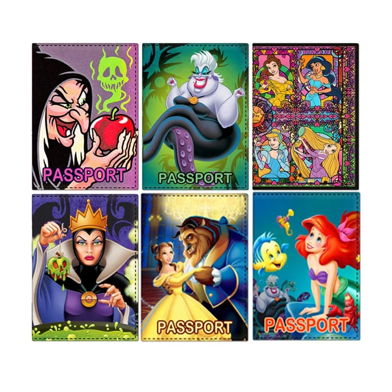 Disney Villains Passport Cover Women Men Travel Passport Holder PU Leather Princess Credit Card Wallet Ticket Documents Air Tag