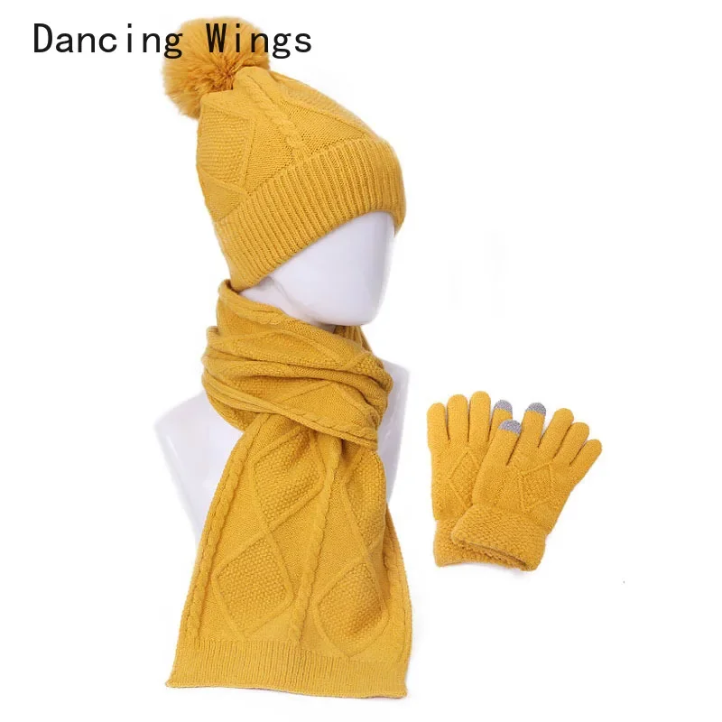 

3PC Set 2024 Winter Knitted Hat Scarf and Glove Sets Women Fashion Keep Warm Thick Soft Scarves Set Apparel Accessories