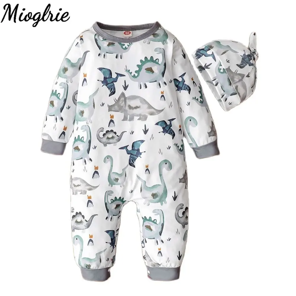 

Cartoon Dinosaur Print Long Sleeve Bodysuit for Baby Boy 3-24 Months Romper Clothes with Hat Onesie Clothes Baby Boy Costume