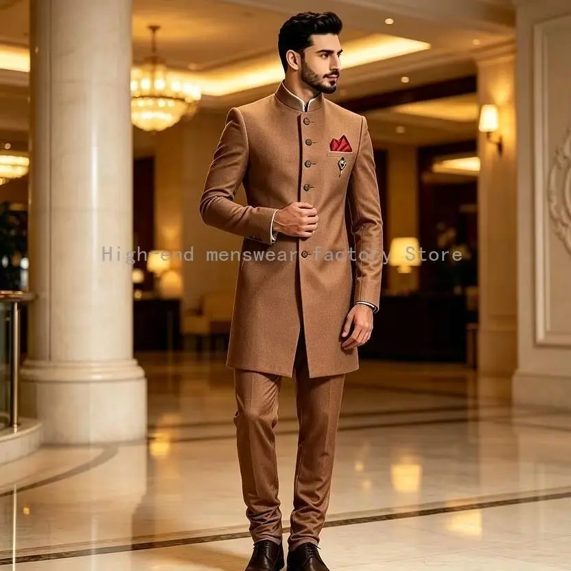 New Design Men's Stand Collar Long Blazer Suit 2Pcs Set Wedding Groom Blazer Trousers Formal Prom Evening Party Costume for Men
