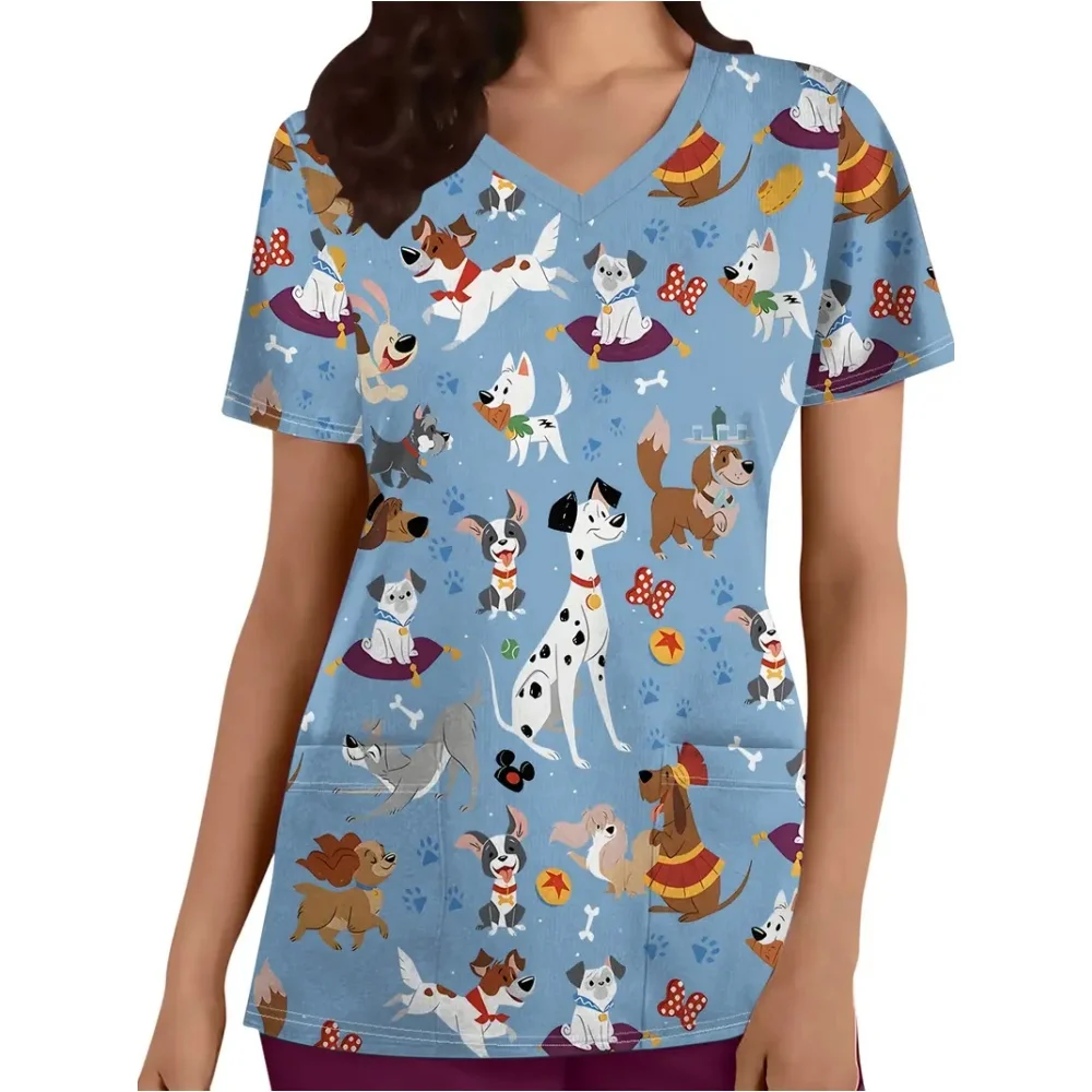 Women's Medical Uniforms Animal Cartoon Pattern Tee Fashion Patch Pocket Short Sleeve Tops Casual V-Neck Vet Nurse Uniform Woman