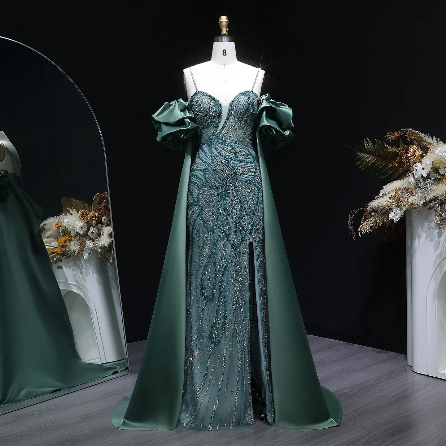 Sharon Said Elegantes Grünes Meerjungfrauenkleid mit Perlenstickerei, Schulterfrei, mit Satinumhang, Damen-Partykleid, SS157, Anpassbar – Detail 4