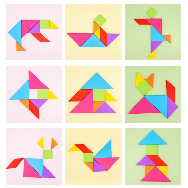 Puzzles Tangram en bois pour enfants avec 7 pièces colorées, jouet d'apprentissage éducatif pour garçons et filles, cadeau de fête amusant