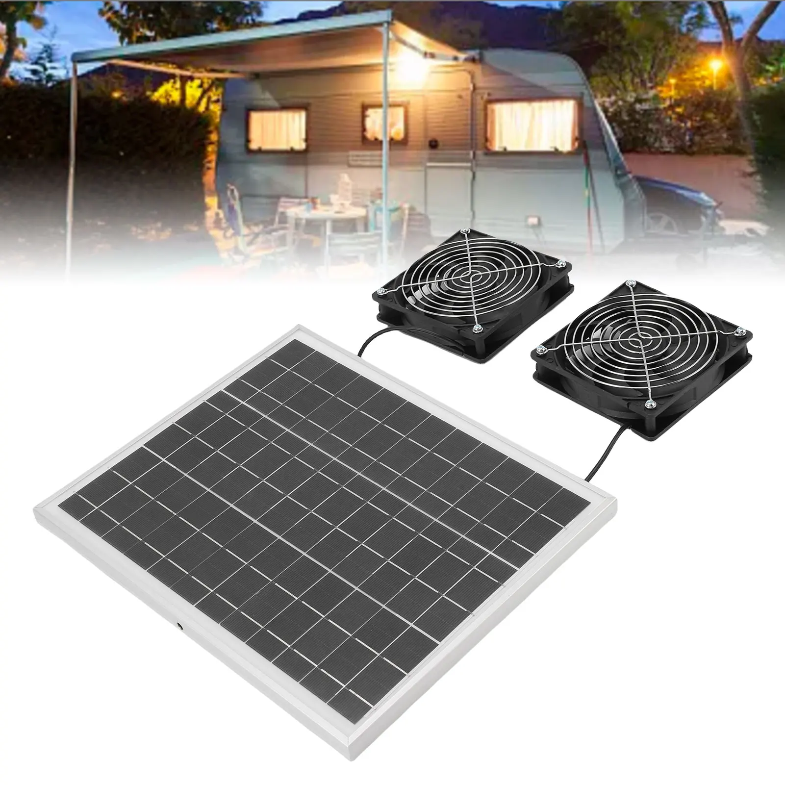 

Solar Powered Exhaust Fan Kit 75W Monocrystal Silicon IPX7 Waterproofing 6.7in Dual Solar Ventilation Fans Metal Net Pet House