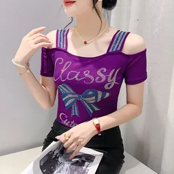 2025 Summer New Heavy Industry Double layered Mesh Tops Short sleeved Fashion Off the Shoulder  Diamond Women's  T-Shirt
