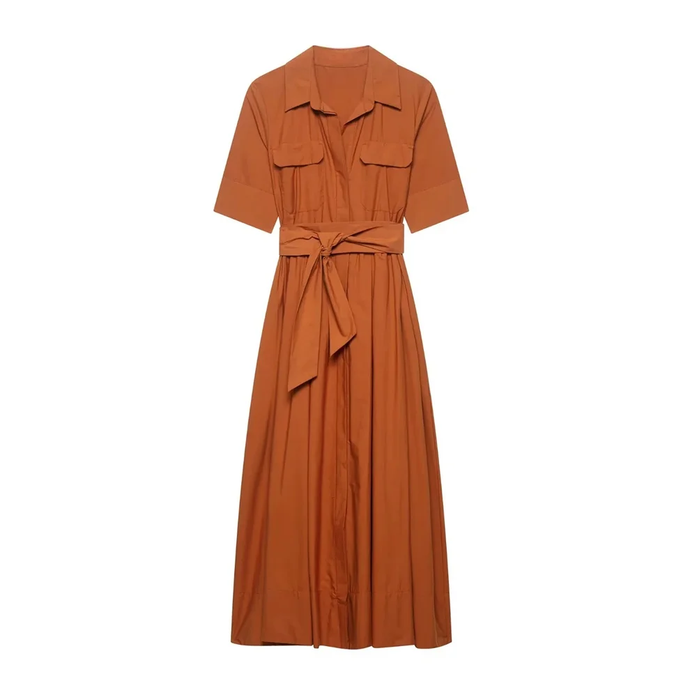 PB & ZA2025Double Pocket Lapel แขนสั้นเสื้อเรียบง่าย LACE-up Design สีทึบกระโปรงยาวฤดูร้อนผู้หญิงเสื้อผ้า