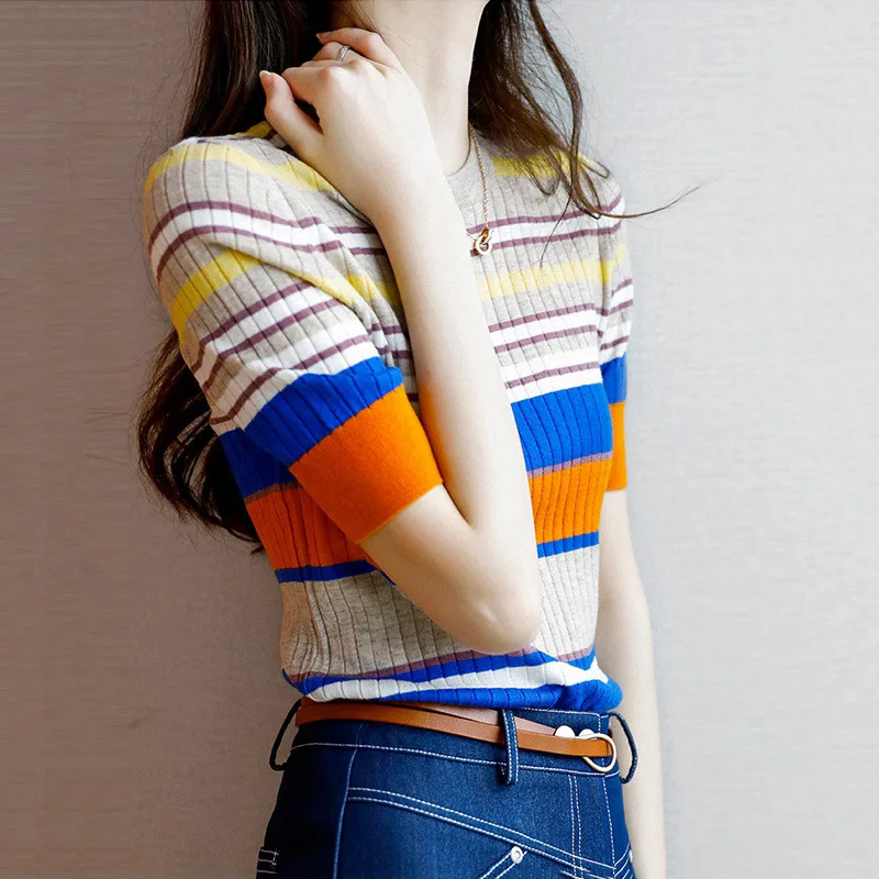 

2023 Spring and Summer Clothing Worsted Thin Rainbow Crew Neck Sweater Women's Short Sleeve Knitted Top Cashmere Sweaterhirt