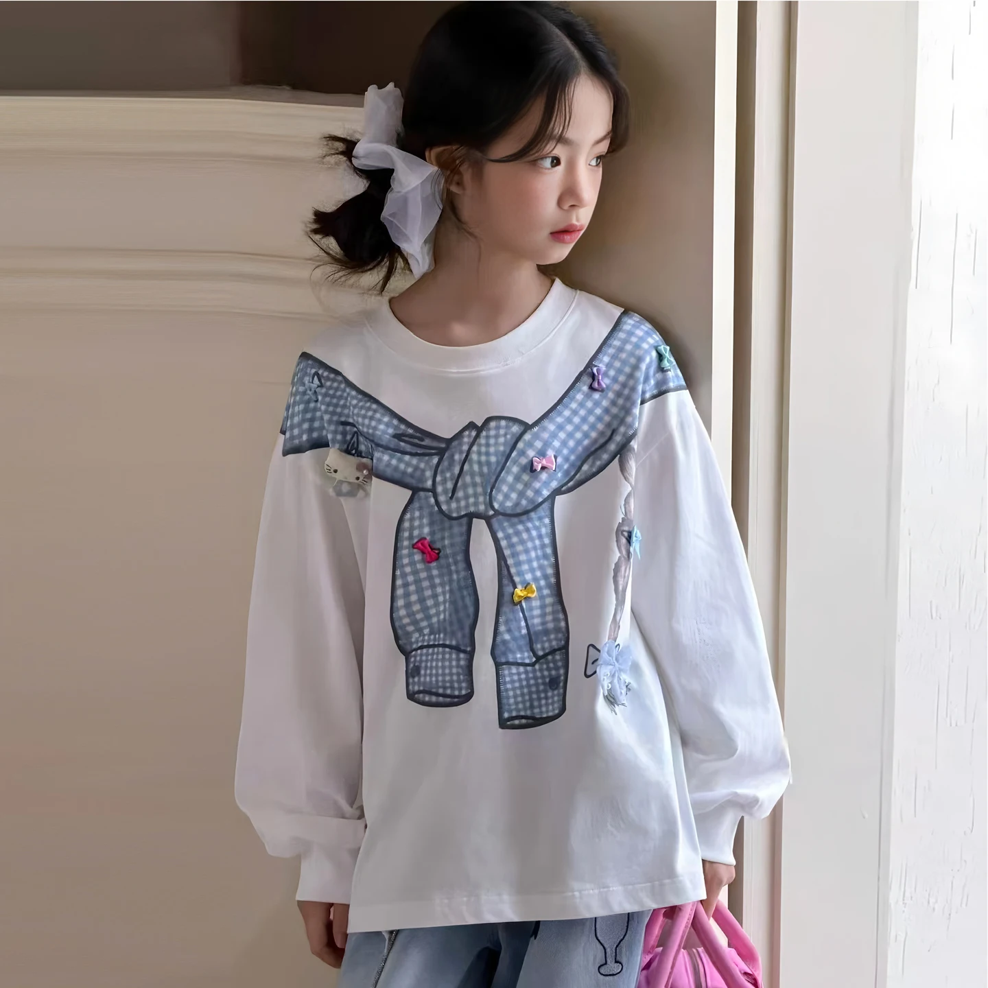 Childrens Top White Fake Two Piece T-shirt 2026 Spring Autumn New Loose Cotton Long Sleeved Shawl print design School Daily Wear