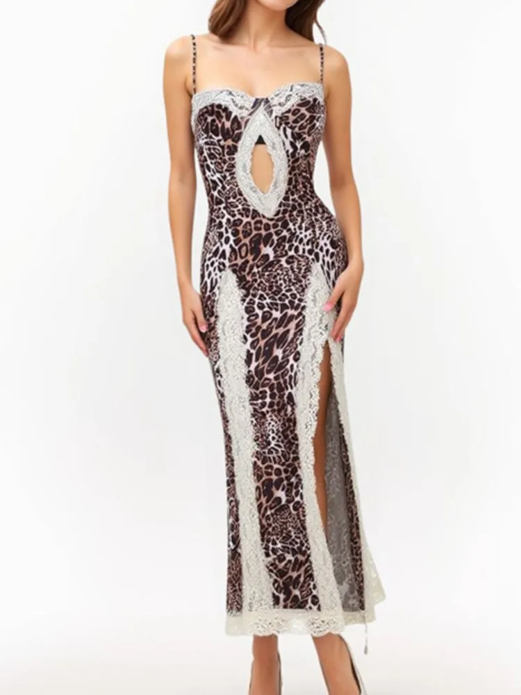 Nouvelle Robe d'Été 2026 Sexy à Imprimé Léopard Évidé pour Femme, Robe à Bretelles Taille Haute Fendue en Dentelle, Style Fille Tendance et Silhouette Amincissante