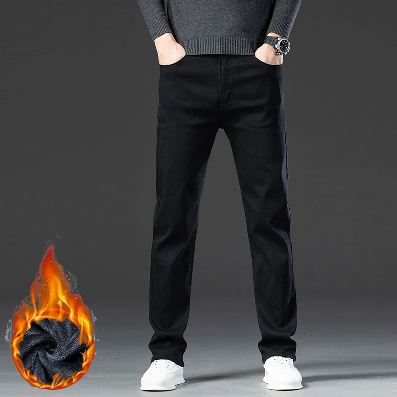 Fashion Men Slim Fit Straight Leg Fleece Jeans Male Youth Popular Stretch Denim Trousers Classic Thickened Warm Casual Pants