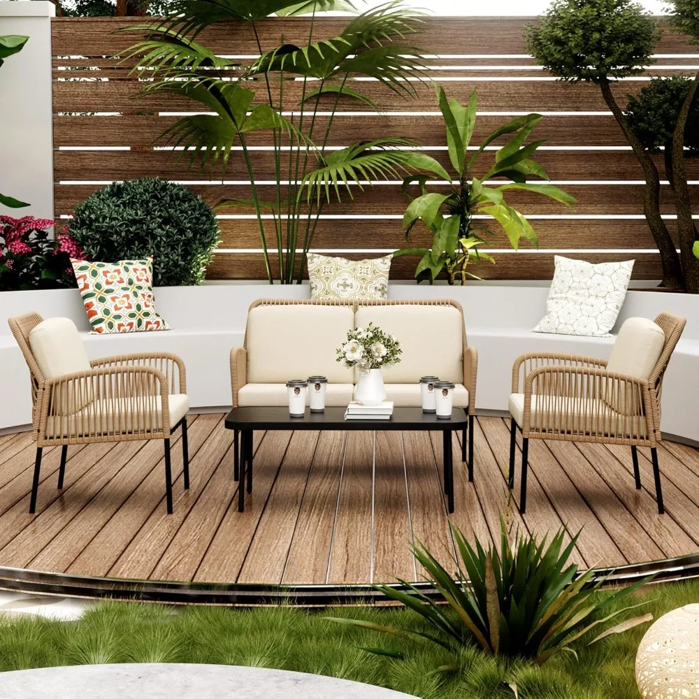 4 Pieces Patio Furniture Set，Outdoor  Set with 2 Wicker Chair& Loveseat Sofa，All-Weather PE Rattan Loveseat Couch with Side