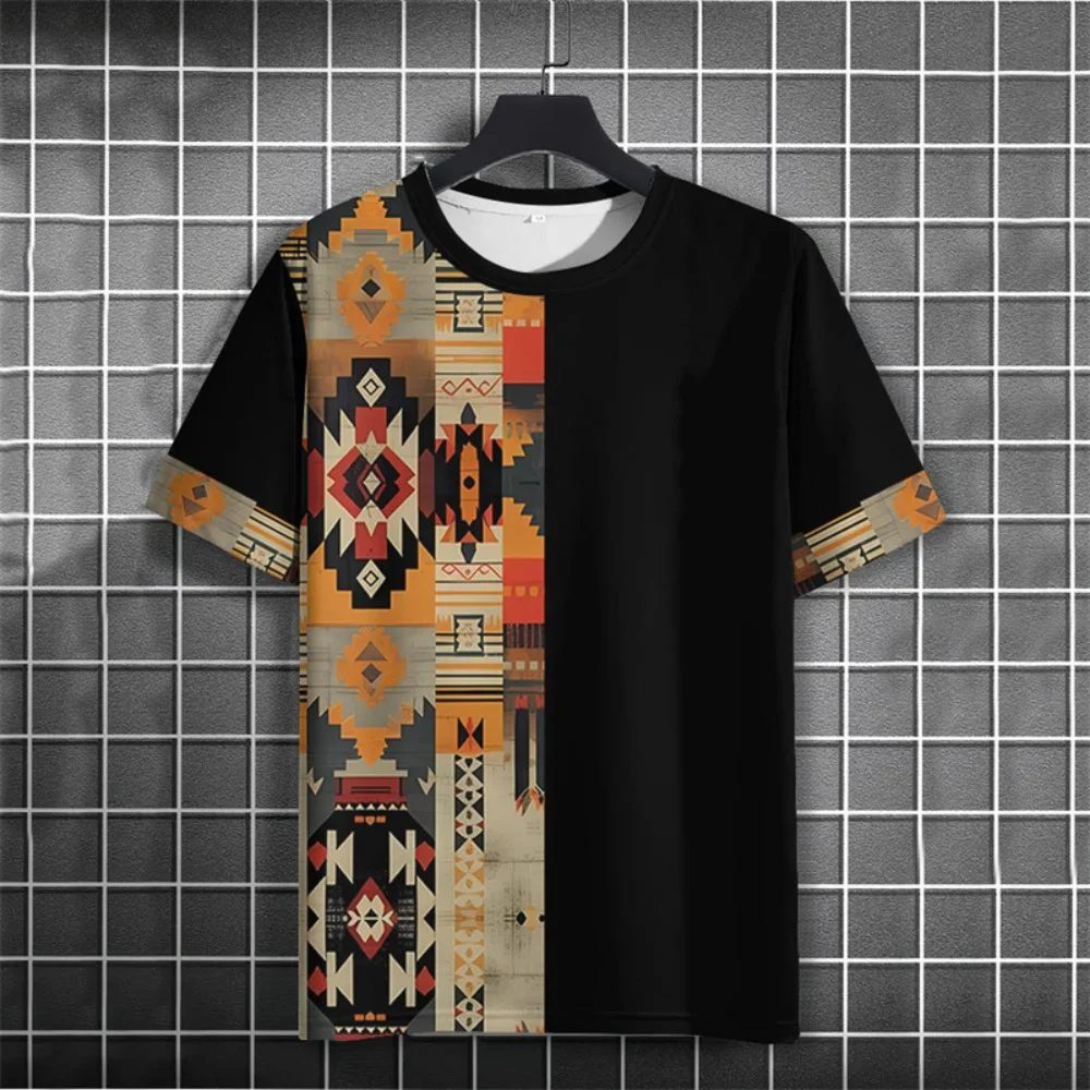 

Motorcycle Vintage Ethnic Pattern T-Shirt For Men Color Block 3D Printed Tees Summer Casual Harajuku Short Sleeve T Shirts Round