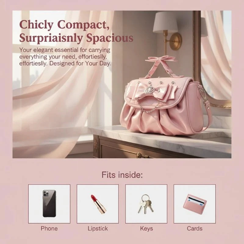 Elegante rosa Schleifen-Strass-Unterarmtasche, süße Lolita Plissee-Schultertasche, tragbare Handtasche mit Schleifengriff, niedliche Ita-Tasche – Detail 15