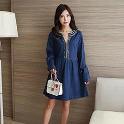 Lanlan Plus Size Women's Spring and Autumn Long Sleeved Slimming Nail Bead Blended Denim A-line Mid Length Dress