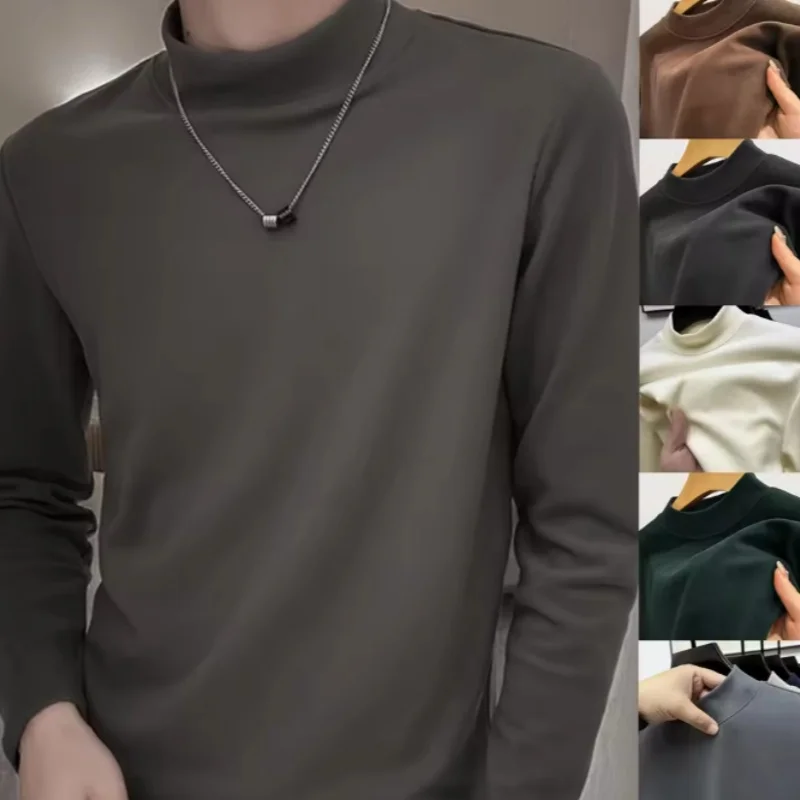 Fashion Men's Casual Slim Fit Basic Turtleneck High Collar Pullover Male Autumn Spring Thin Tops Basic Bottoming Plain T-shirt ﻿