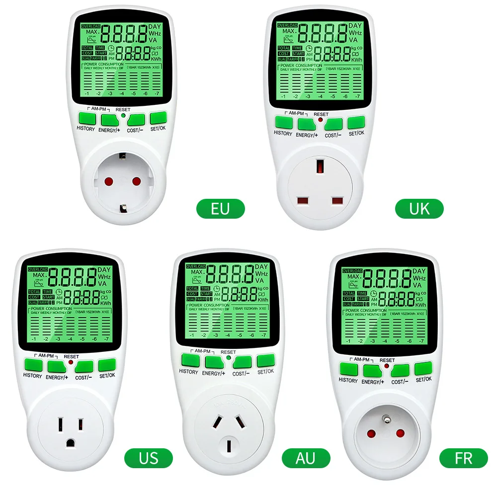 Medidor de energía Digital con retroiluminación, vatímetro, medidor de potencia de electricidad Kwh, LCD, Analizador de potencia de salida, UE, EE. UU., Reino Unido, AU