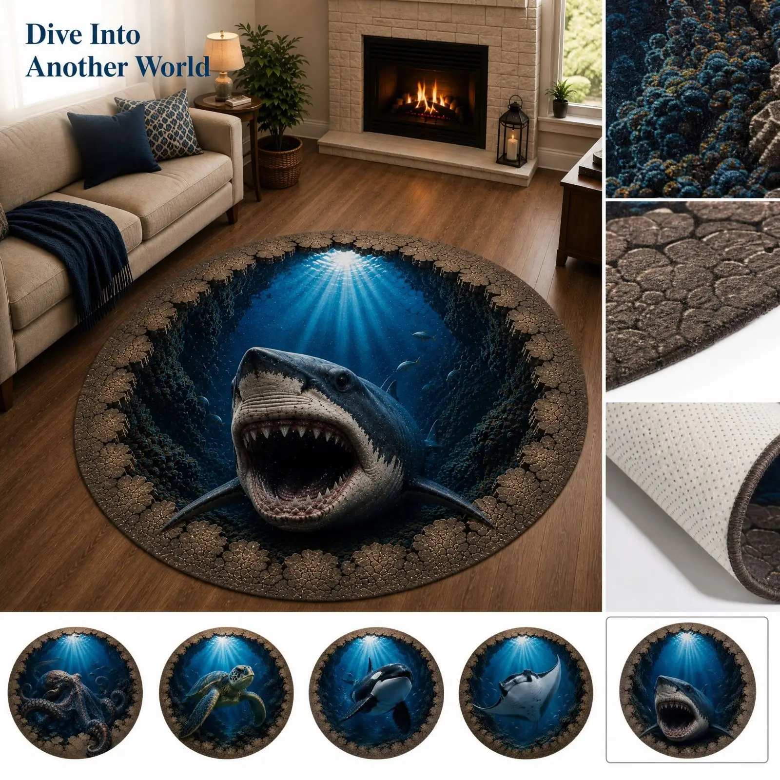3D Ocean Rug Underwater Vortex Visual Area Carpet Non Slip Floor Mat for Living Room Bedroom Home Decor