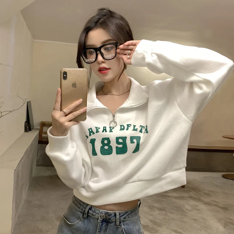 

Korean Women's Polo Collar Short Hoodie 2024 New Loose Fit Vintage Sweatshirt Letter Printed Design Top Spring Autumn Thin Shirt