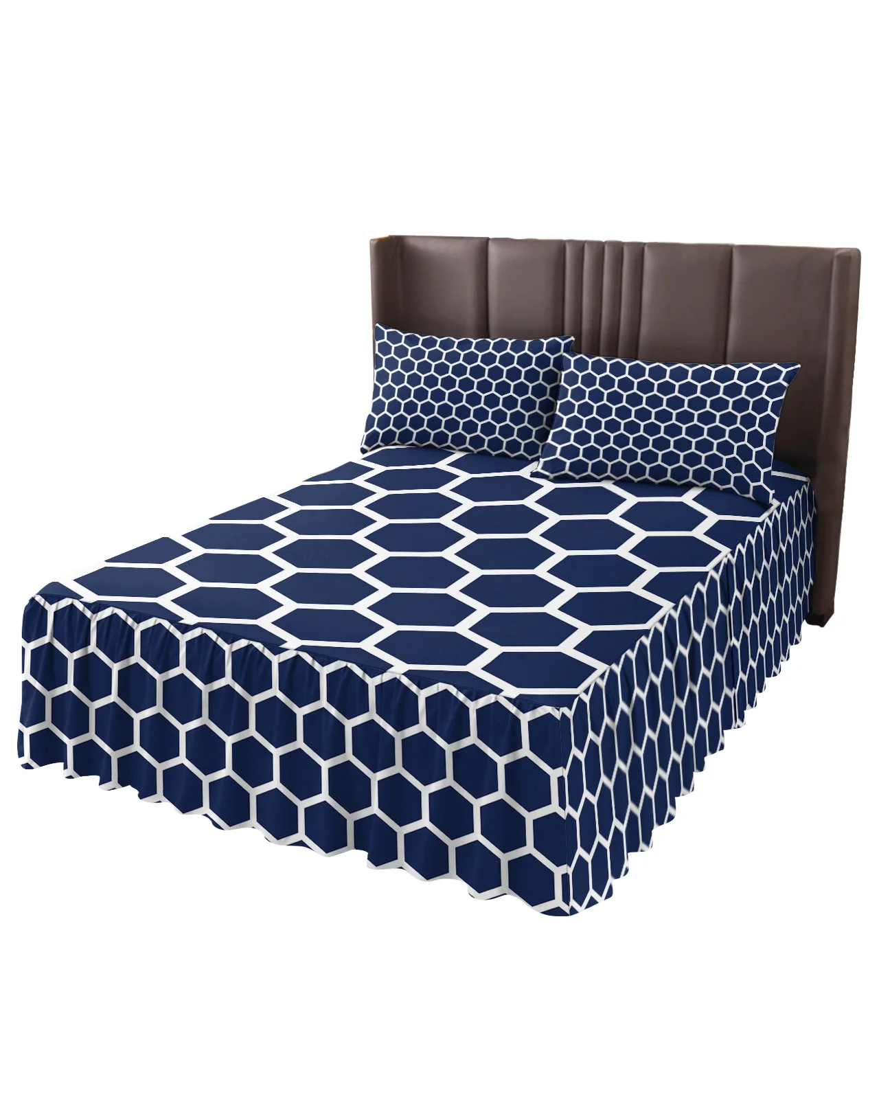 Morocco Hexagonal Indigo Blue Geometric Bed Skirt Elastic Fitted Bedspread With Pillowcases Mattress Cover Bedding Set Bed Sheet