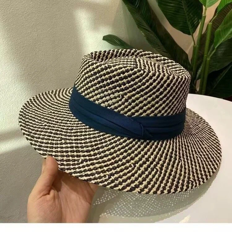 Summer Sun Hat for Women: Fashionable Striped Webbing Straw Hat, Openwork Breathable Jazz Hat, Versatile Vacation Beach Hat
