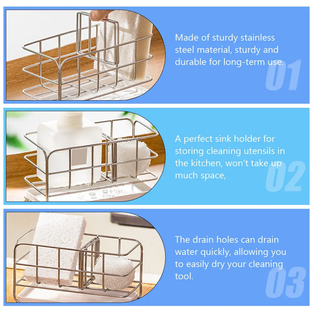 Heavy Duty Stainless Steel Kitchen Sink Draining Shelf Sponge Holder Brush Sanitizer Storage Rack Dishcloth Organizer Drain