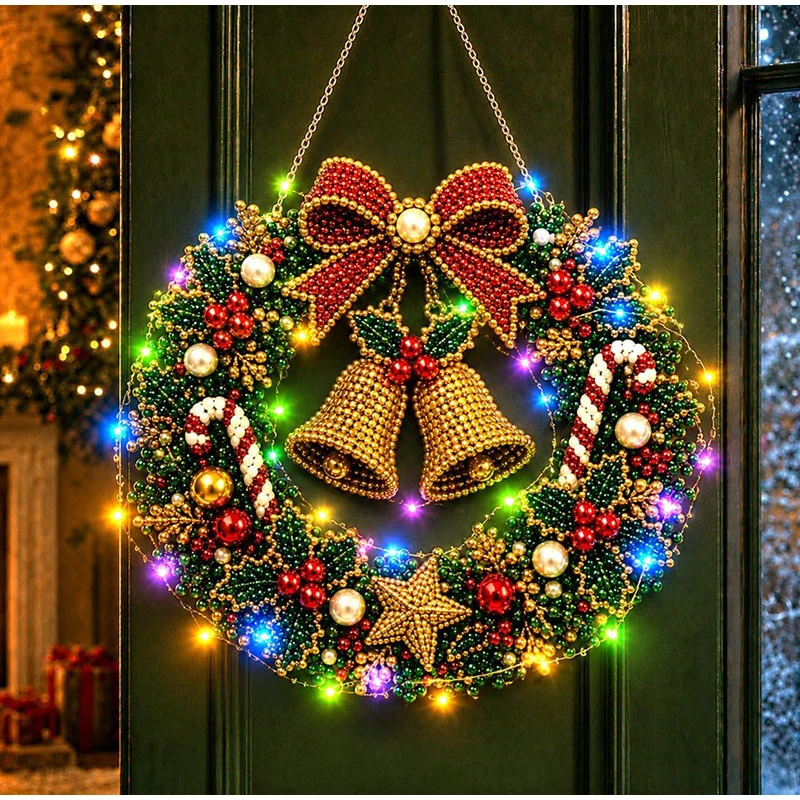 Diy Diamond Painting Flower Wreath Craft Kit Pendant With Led Light String Bow Flower Wreath Decoration Christmas For Home Decor