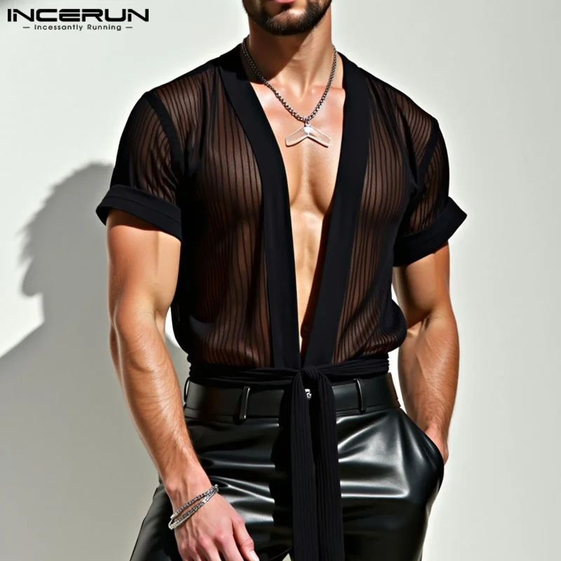 

Men Shirt Mesh See Through Short Sleeve Open Stitch Male Shirts Summer Streetwear 2025 INCERUN Fashion Lace Up Men Clothing Tops