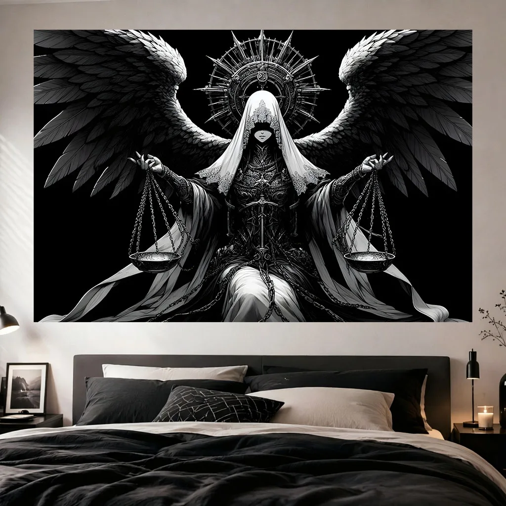 Gothic Justice Angel Wall Tapestry Winged Goddess Scales Monochrome Art Wall Hanging Dorm Bedroom Aesthetic Home Background Deco