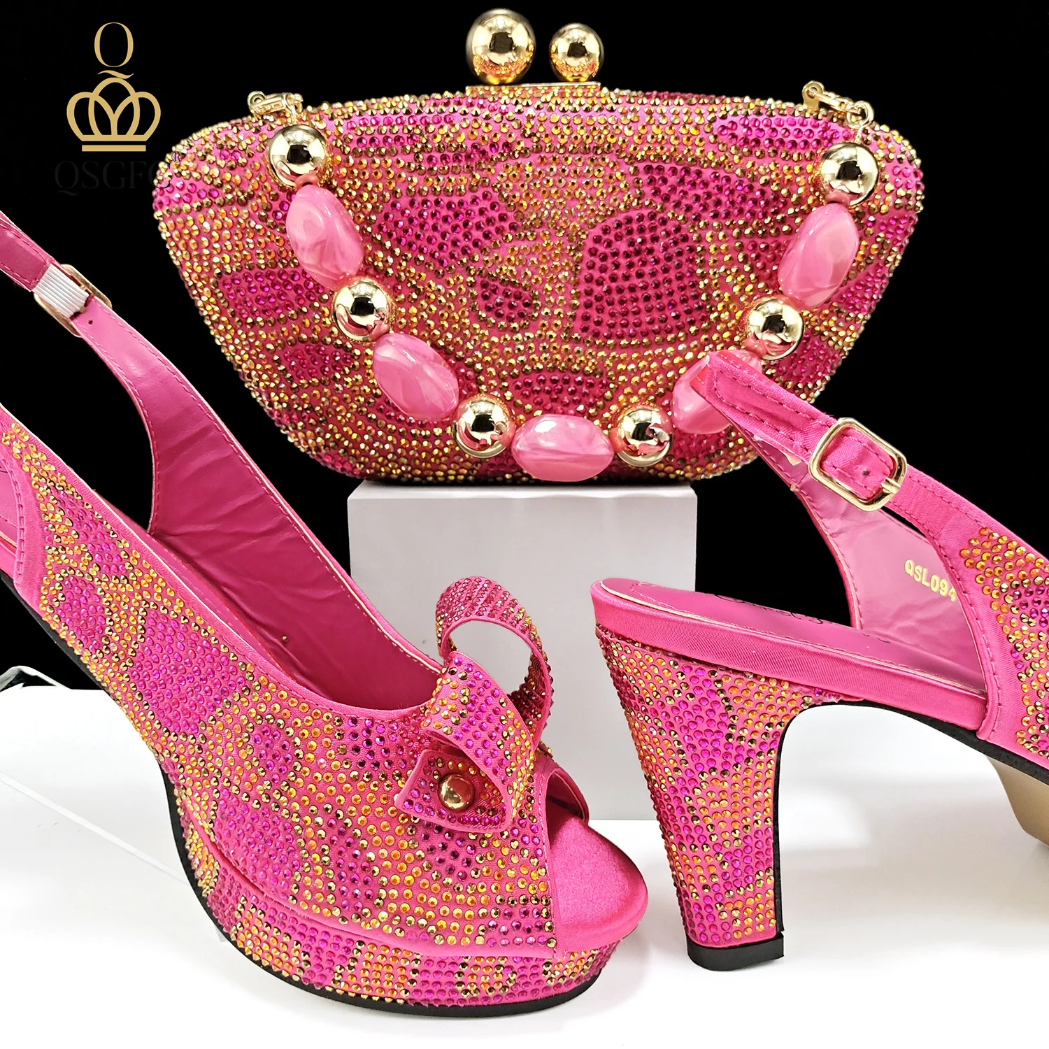 

Newest Platform Design Fashion Mature Style Fuchsia Color Party Wedding Lady Shoes and Full Diamond Dual Purpose Mini Bag