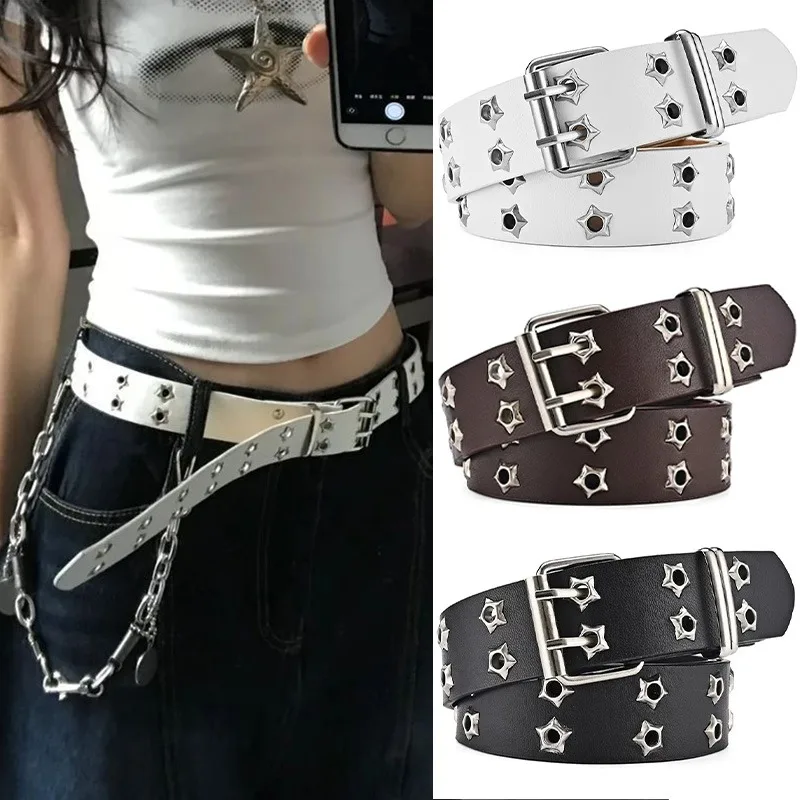 Retro Punk Star Rivet PU Leather Belt for Women Men Fashion Double Row Stars Belt Waistband Daily Wear Jeans Gothic Decorative