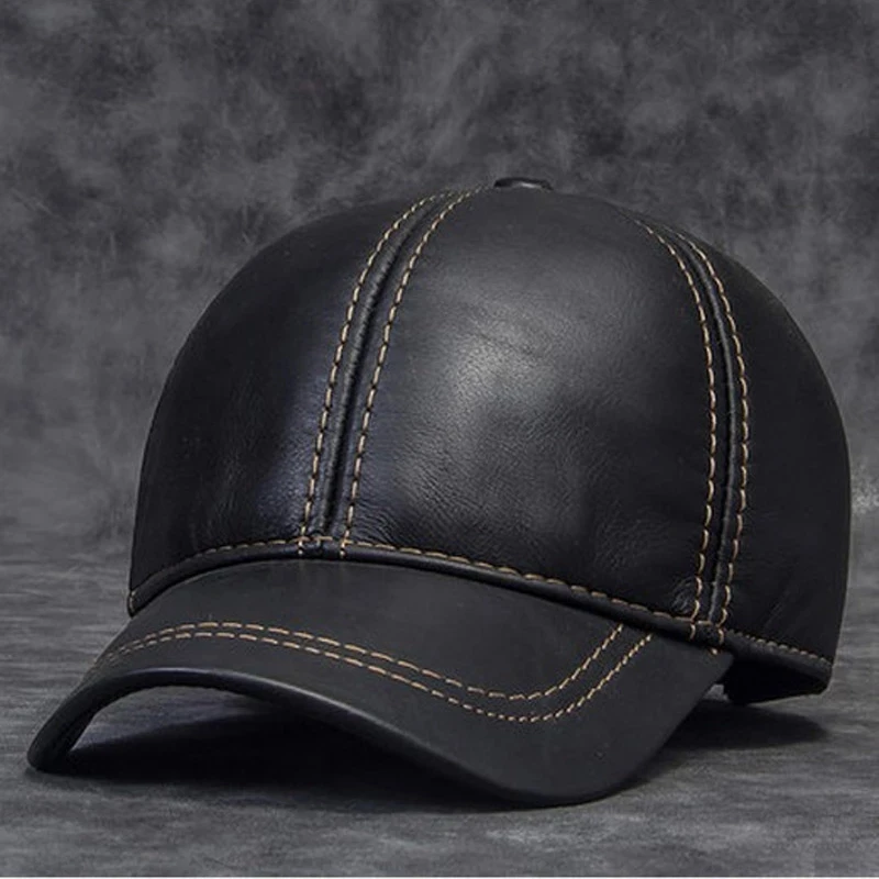 Casquettes de baseball en cuir véritable pour hommes, chapeau de camionneur, noir, marron, extérieur, hockey, golf, pêche, mâle, tout neuf, hiver, 2024